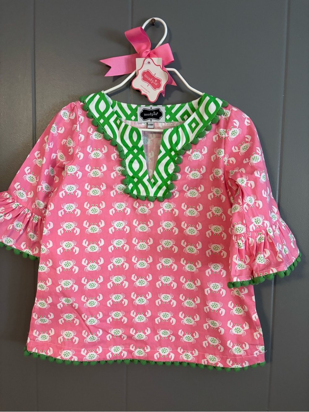 Mud Pie Pink Crab Print Top with Green Trim